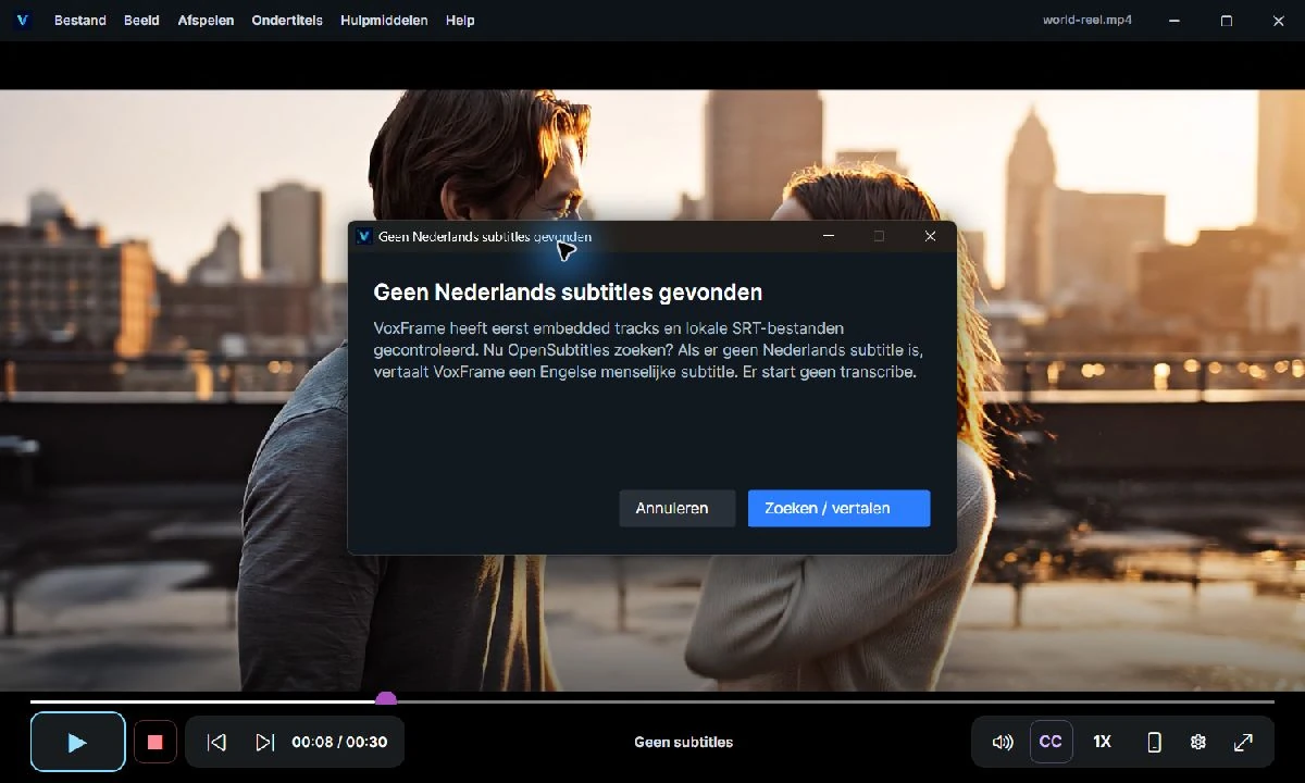 Actual Pro 1.2.0 screen asking whether to find Dutch subtitles, in the Dutch interface.